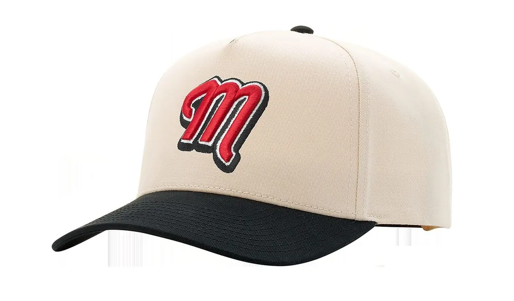 Custom cream baseball cap with raised 3D-style red and black M embroidery