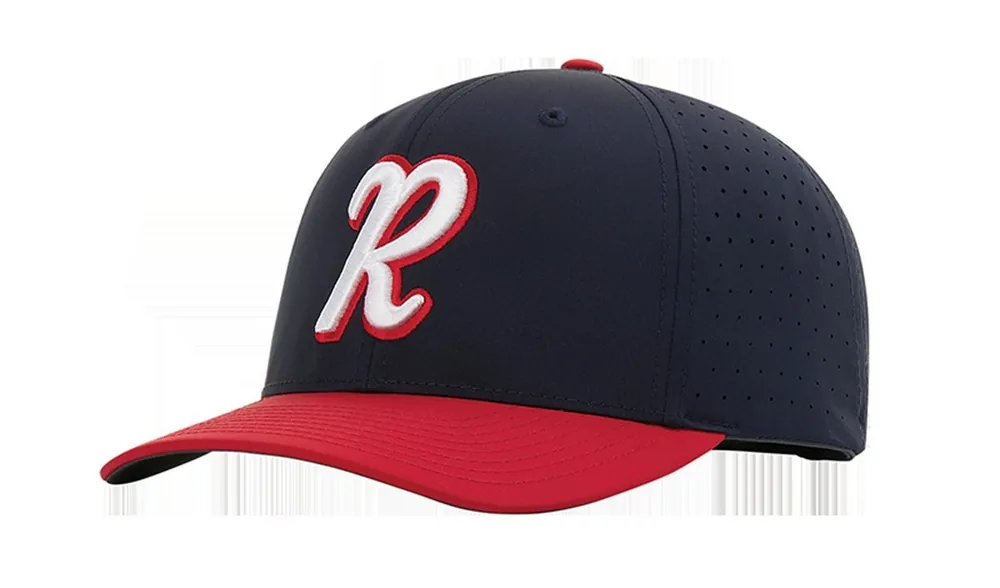 Custom embroidered navy and red performance baseball cap with white R logo