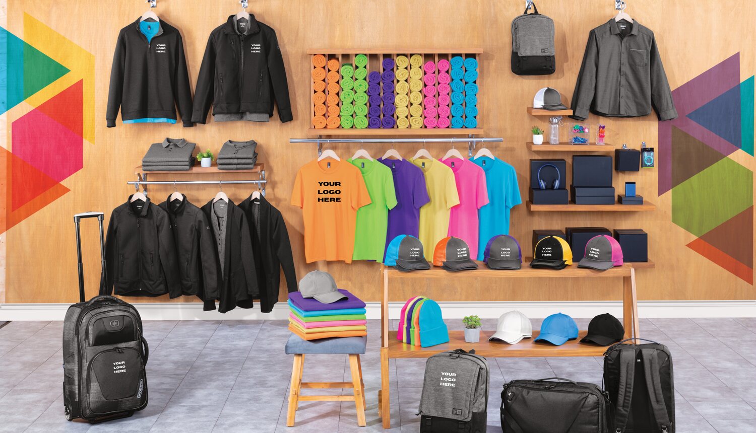 Variety of custom apparel and promotional products decorated with your logo — t-shirts, polos, jackets, trucker hats, beanies, backpacks, luggage and drinkware