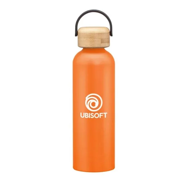 Recyclable aluminum bottle with bamboo twist lid and carry handle, matte orange with custom logo