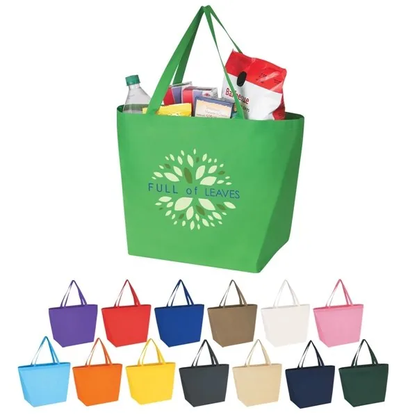 Non-woven budget shopper tote bag with custom logo, shown in green with 13 color options