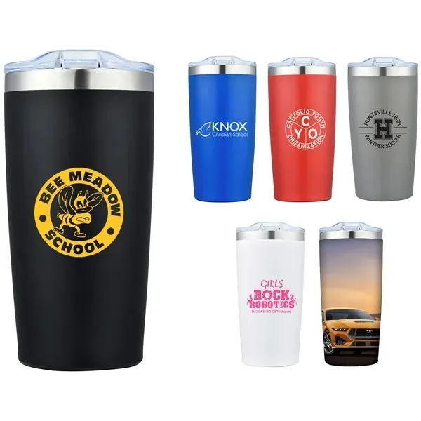 Budget-friendly 20 oz double-wall insulated tumbler with custom logo, shown in black, blue, red, gray, and white plus full-wrap print