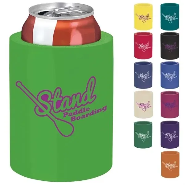 Classic foam can cooler with single-color custom logo, shown in green with 12 color options