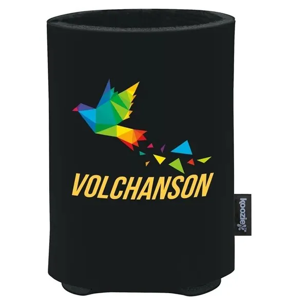 Full-color printed can cooler with vibrant multi-color logo on black