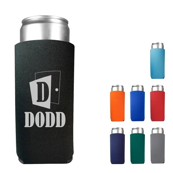 Slim can cooler with custom logo for seltzers and energy drinks, shown in black with 8 color options