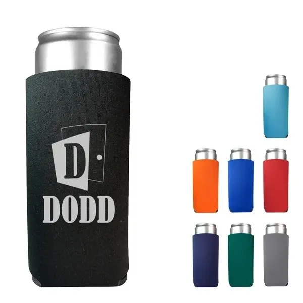 Slim can cooler with custom logo for seltzers and energy drinks, shown in black with 8 color options