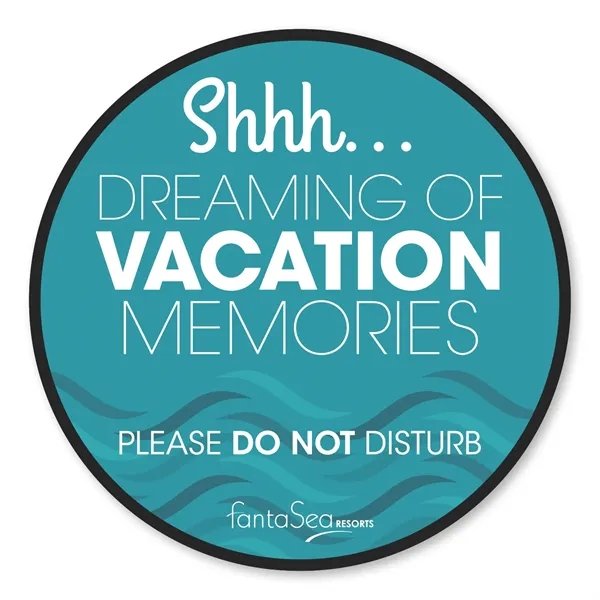 Custom full-color circle magnet for business promotion, teal resort design