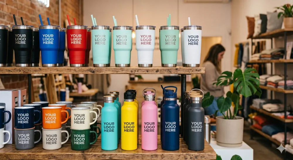 Custom branded mugs, water bottles, tumblers, and travel mugs