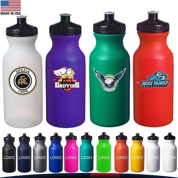 Made in USA 20 oz plastic squeeze sports bottles with push spout and custom team logos in 13 colors