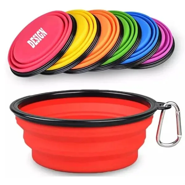 Collapsible silicone travel dog bowl with carabiner clip and custom logo, in 7 bright colors
