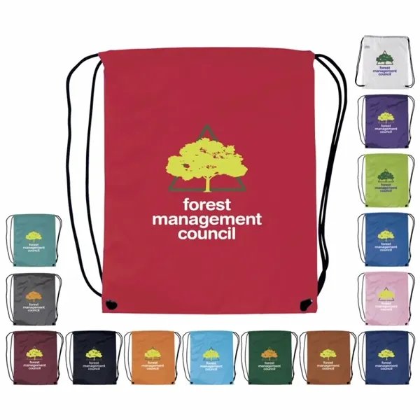 Good Value drawstring backpack with custom logo, shown in red with 15 color options