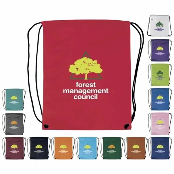 Good Value drawstring backpack with custom logo, shown in red with 15 color options