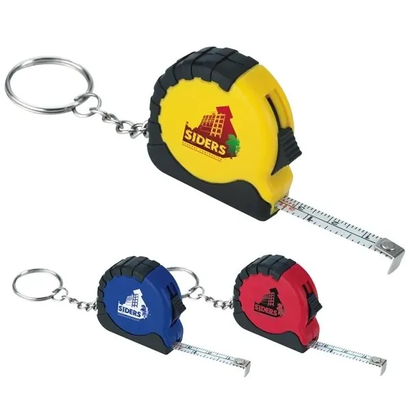 Good Value mini tape measure keychain with custom full-color logo in yellow, blue, and red