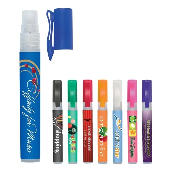Pocket hand sanitizer spray pumps with clip and full-color custom labels in 8 colors