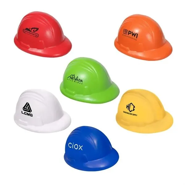 Hard hat shaped stress balls with custom construction company logos in 6 colors
