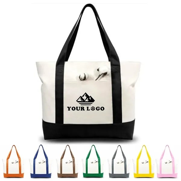 Two-tone cotton canvas tote bag with custom logo, white body with black handles and base, 8 color combinations