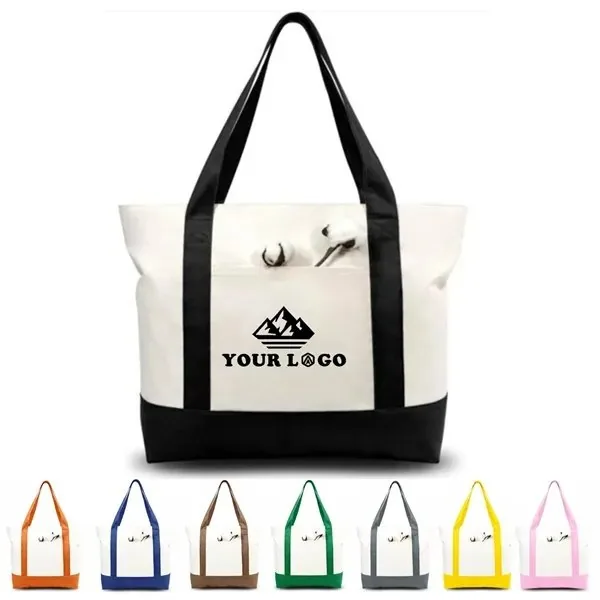 Two-tone cotton canvas tote bag with custom logo, white body with black handles and base, 8 color combinations