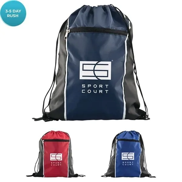 Polyester drawstring backpack with zippered pocket and earbud port, custom logo, navy red and blue options