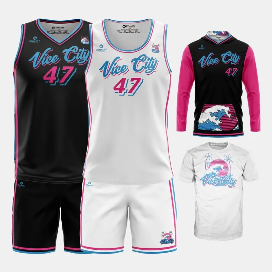 Custom Vice City team uniform set with jerseys, shorts, and shooter shirt