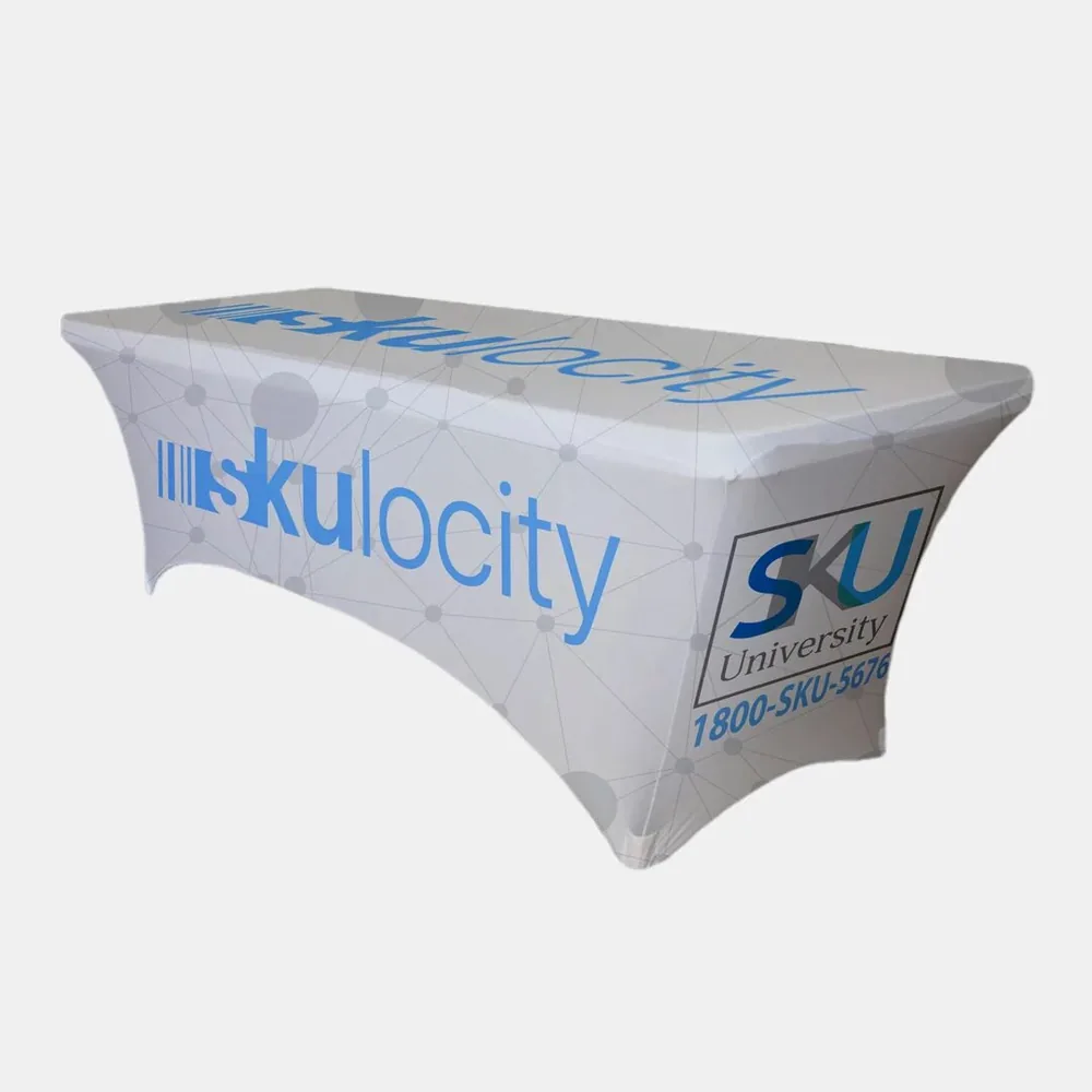 Custom printed stretch table cover with full-color branding
