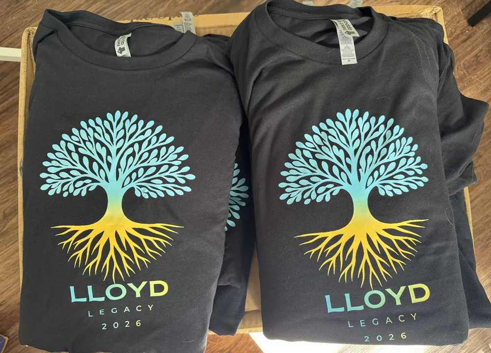 Full-color DTF printed Lloyd Legacy tree design t-shirts, Charlotte NC
